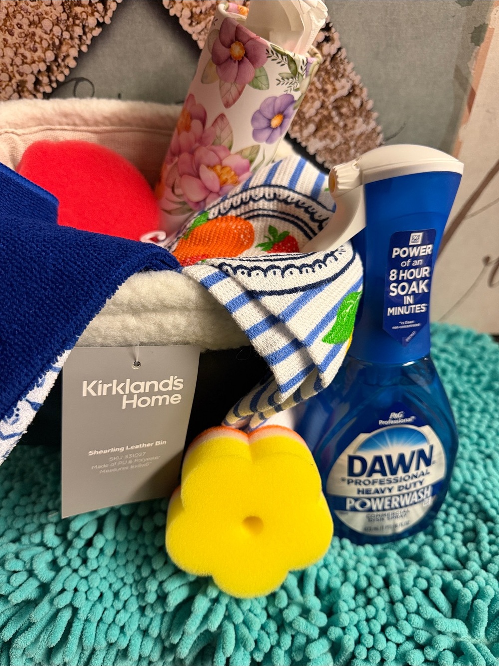 Kirklands Blue leather basket Basket with dawn power wash , dishcloths, &more